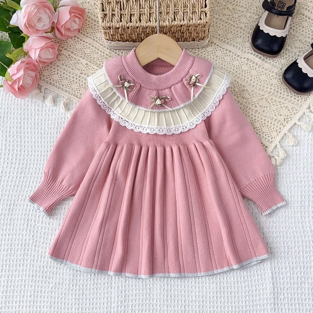 

Kids Clothes Long Sleeved Bow Lace Pink Princess Dresses Winter Korean Fashion Children's Clothing Girls Casual Dresses