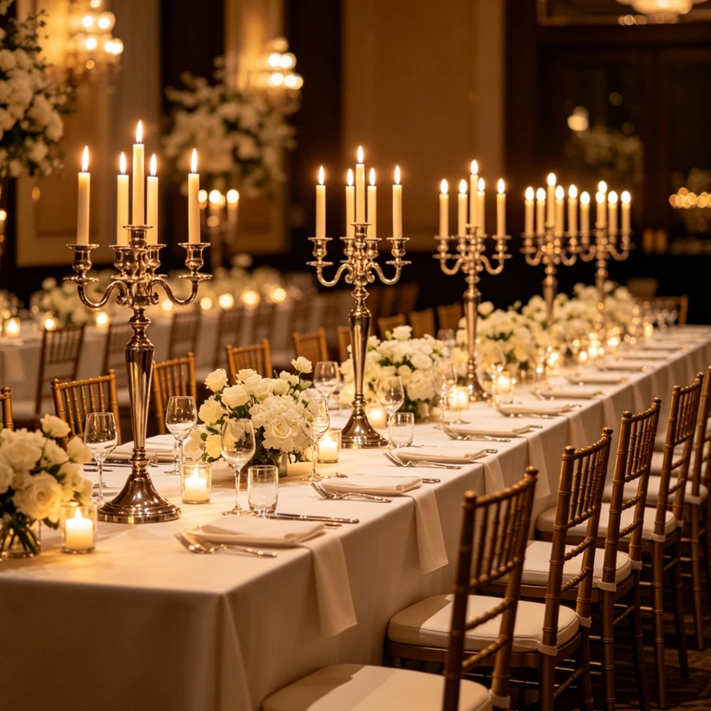 

10pcs Tall 5 Head Gold no Crystal Candelabra stick Centerpieces ,Vintage Style Pillar 5 Arms Crystal Candle Holders
