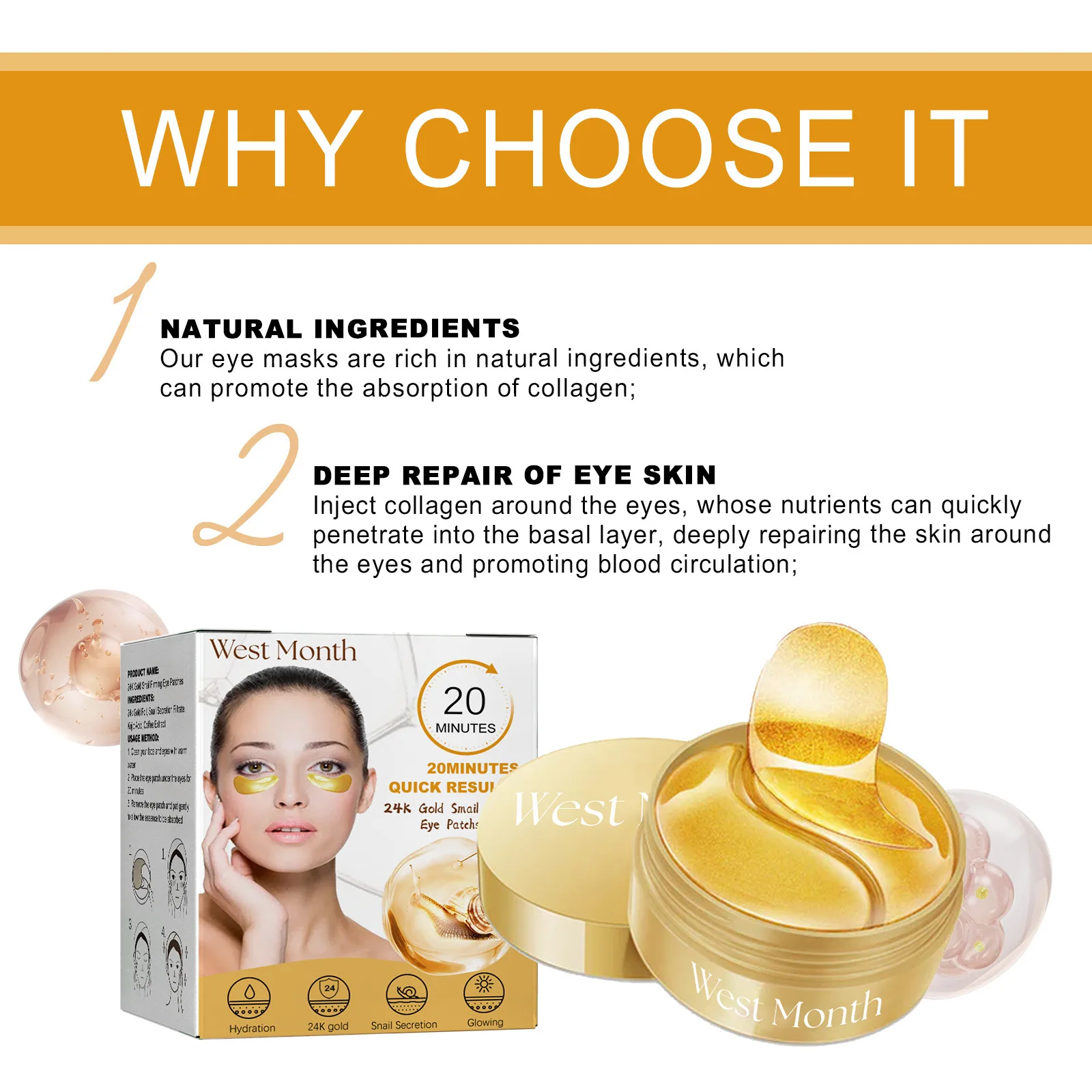 24K Gold Snail Eye Mask Remove Dark Circles Eye Bags Fade Puffiness Fine Lines Firm Moisturizing Hydrating Collagen Eye Patches