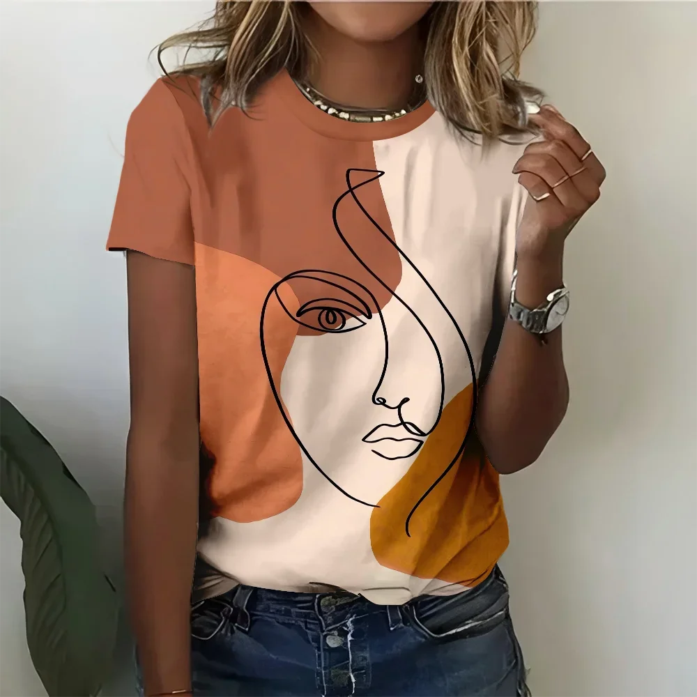 

Orange And White Women's Abstract Art T-shirt - Modern Bold Fashion Art Style Summer Round Neck Short Sleeve