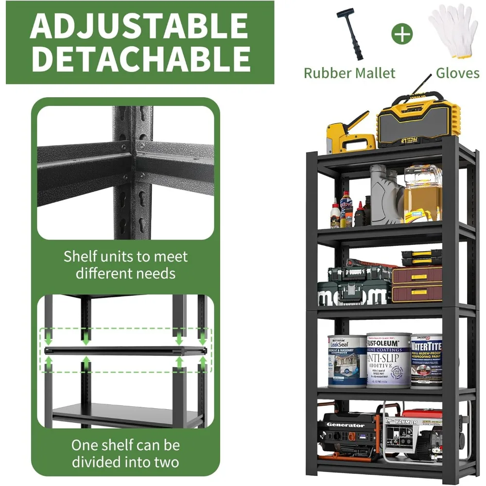 أرفف جراج 72 بوصة ارتفاعًا، أرفف جراج شديدة التحمل، أرفف تخزين قابلة للتعديل بوزن 2500 رطل و5 طبقات مناسبة للمستودعات والطابق السفلي #6
