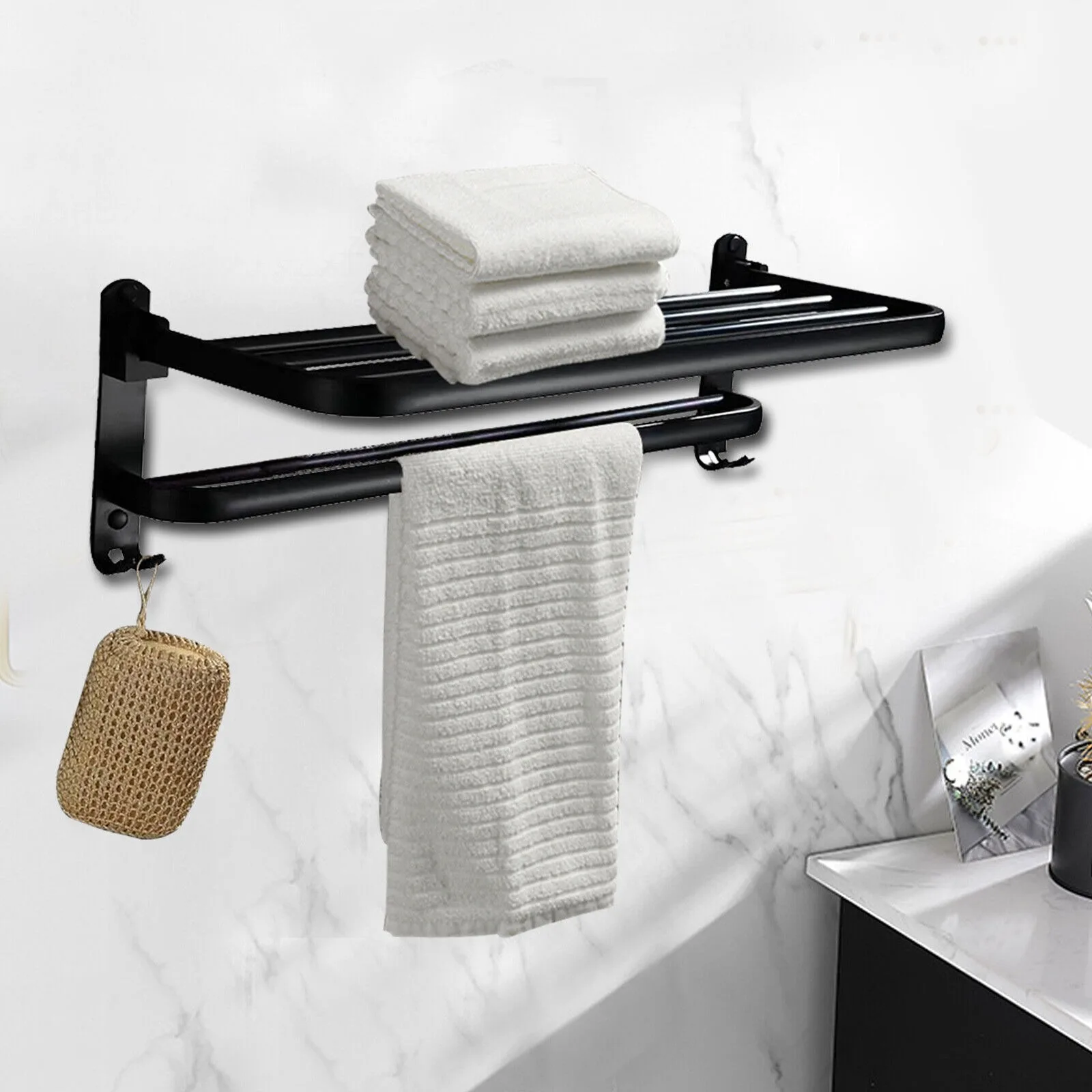 

US Wall Mounted Towel Rack Bathroom Hotel Rail Holder Storage Shelf 2 Tier Foldable