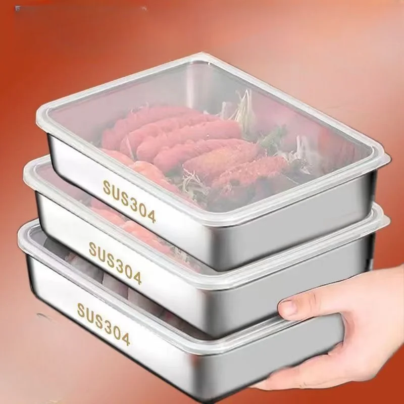 Stainless Steel Food Storage Serving Trays Rectangle Sausage Noodles Fruit Dish with Cover Home Kitchen Organizers FoodContainer