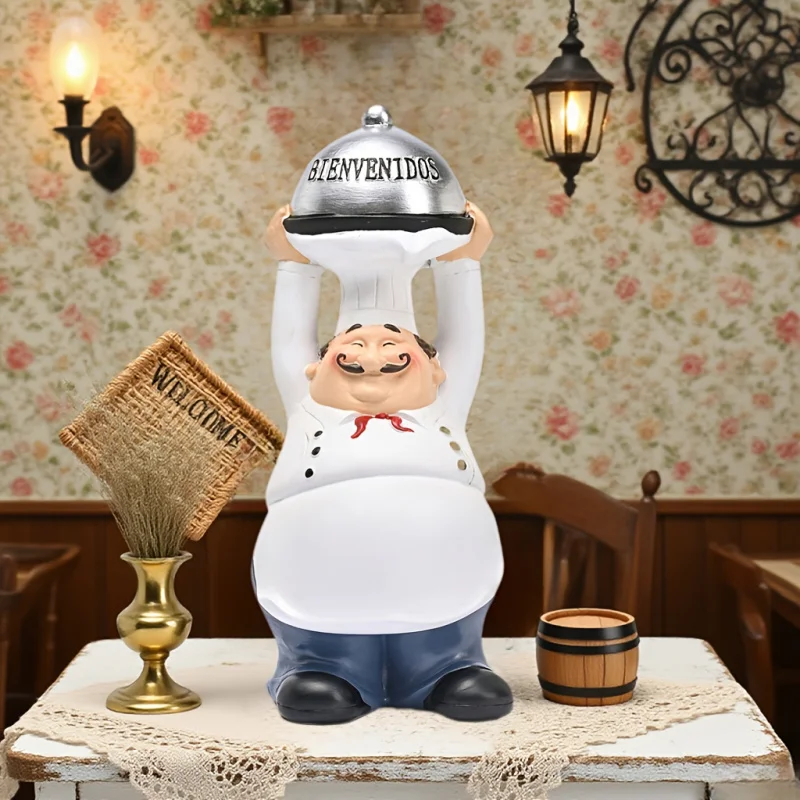 Restaurant Front Desk Reception Statue Handheld Pot Welcomes Chefs Resin Statue，Suitable for various restaurant welcome displays