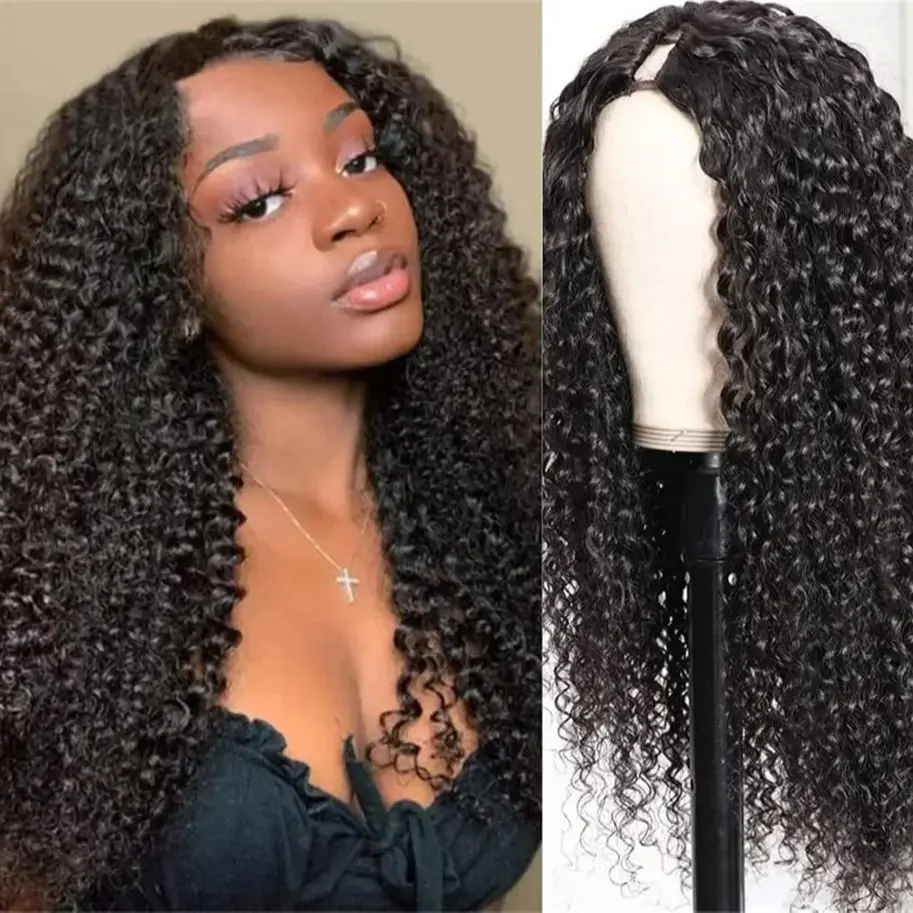 

V-образные кудрявые вьющиеся парики из человеческих волос, подходят для начинающих для женщин, перуанские 180% плотность, машинное производство, V-образные парики, натуральный цвет