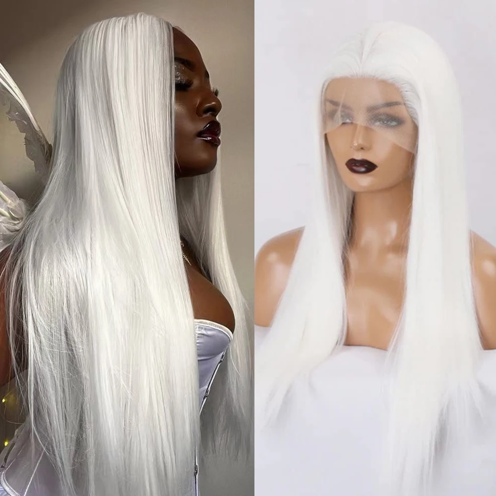 اللون الأبيض تأثيري المرأة شعر مستعار الحرير مستقيم شعري طبيعي الاصطناعية الدانتيل الجبهة الباروكات ماكياج استخدام موضة الشعر الأبيض مستقيم