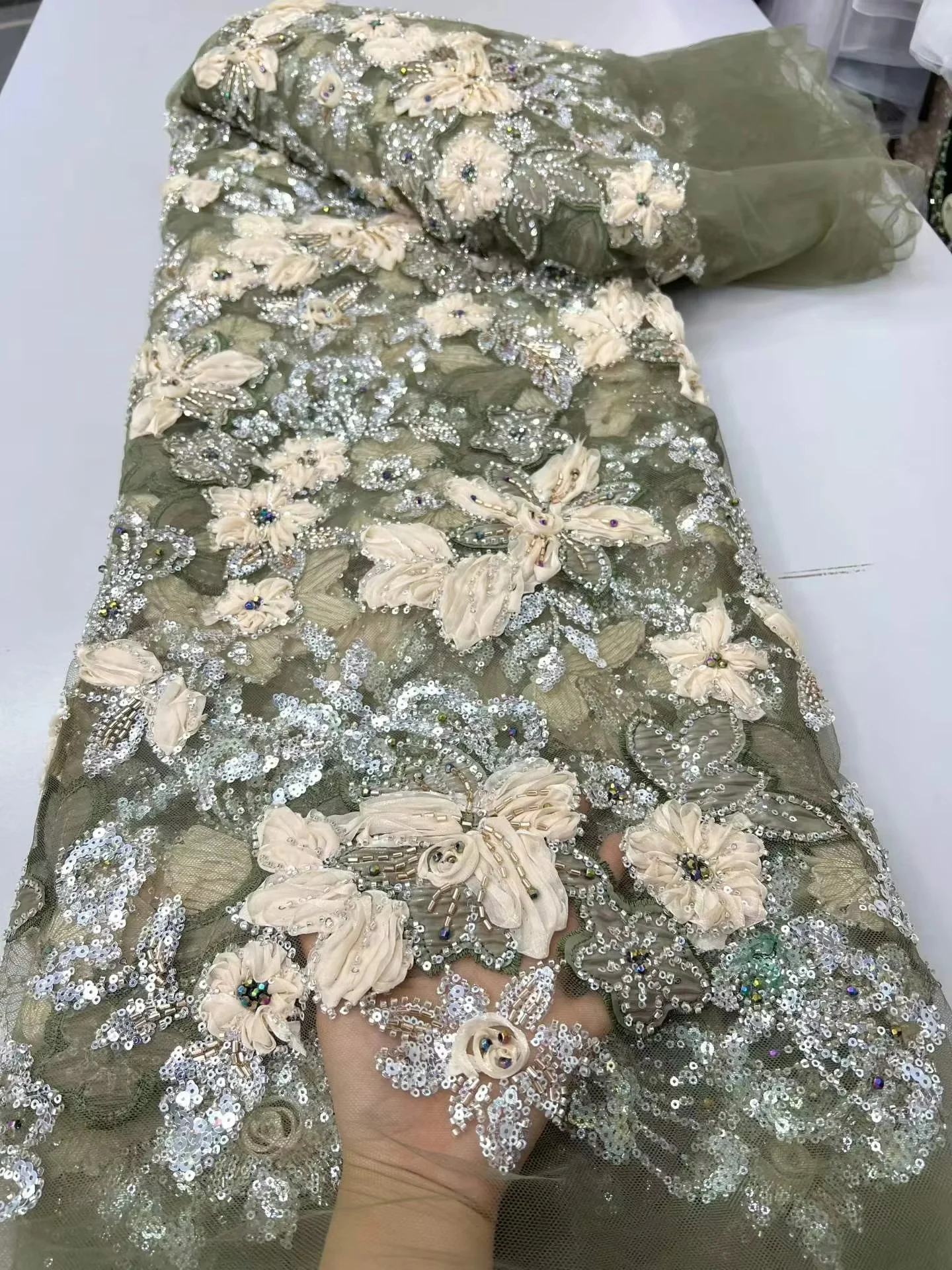 

5 Yards Beaded Lace Fabric French Tulle Embroidery Lace High Quality African Sequins Beads Fabric For Women Wedding Dresses