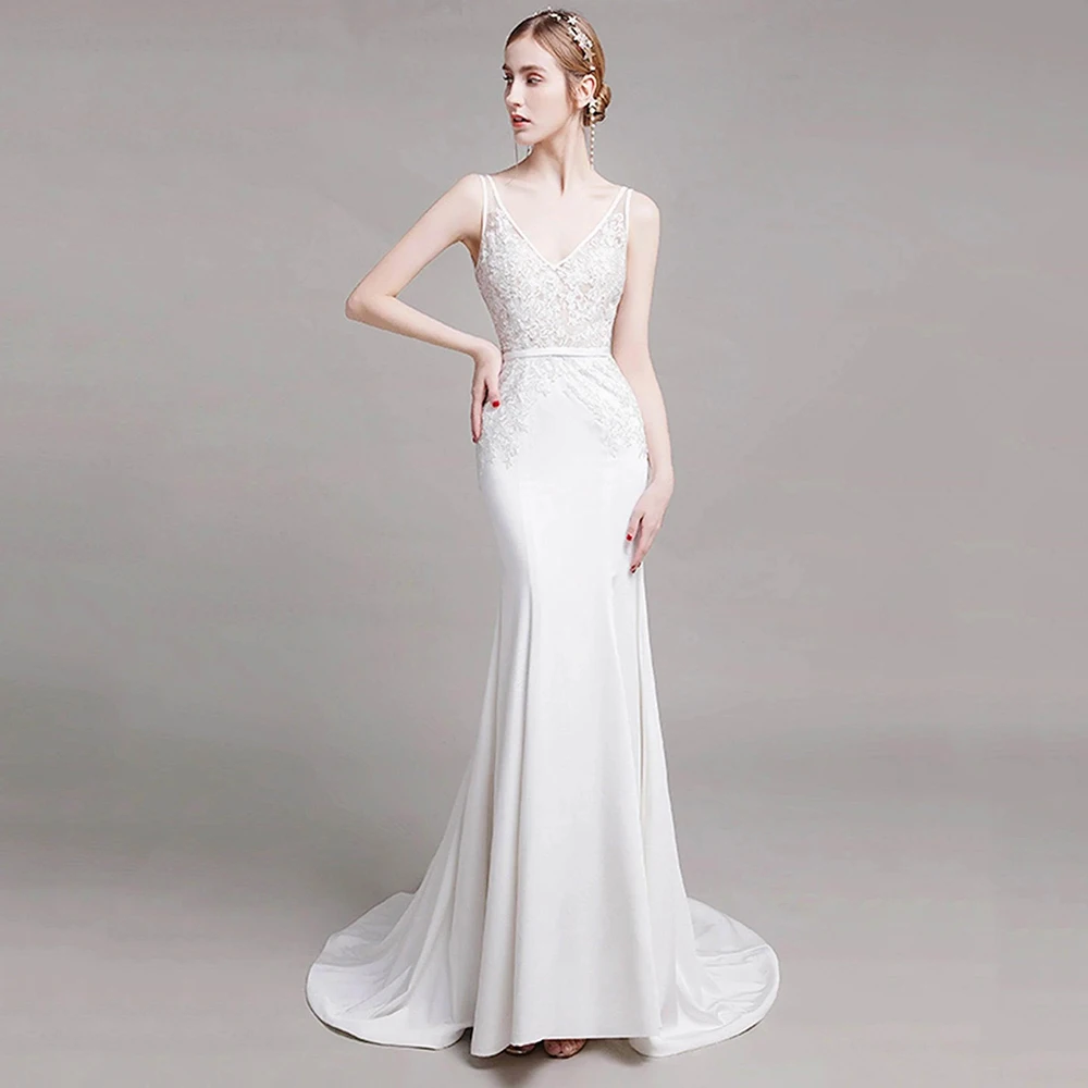 

Вечернее платье из джерси с v-образным вырезом без рукавов, кружевное вечернее платье с открытой спиной и скользящим шлейфом, вечернее платье до щиколотки, платье для выпускного вечера