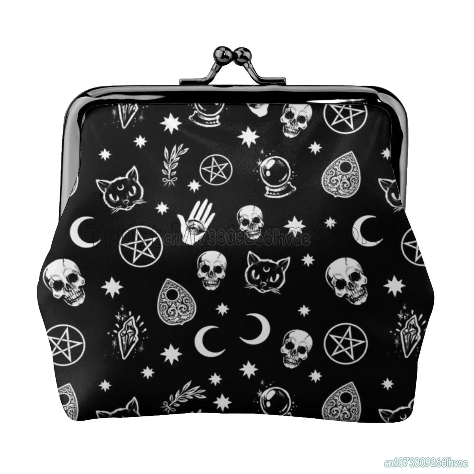 Gothic Skull Cat Moon Leather Coin Purse Small Kiss-Lock Change Pouch Clasp Closure Buckle Wallet For Women Girls