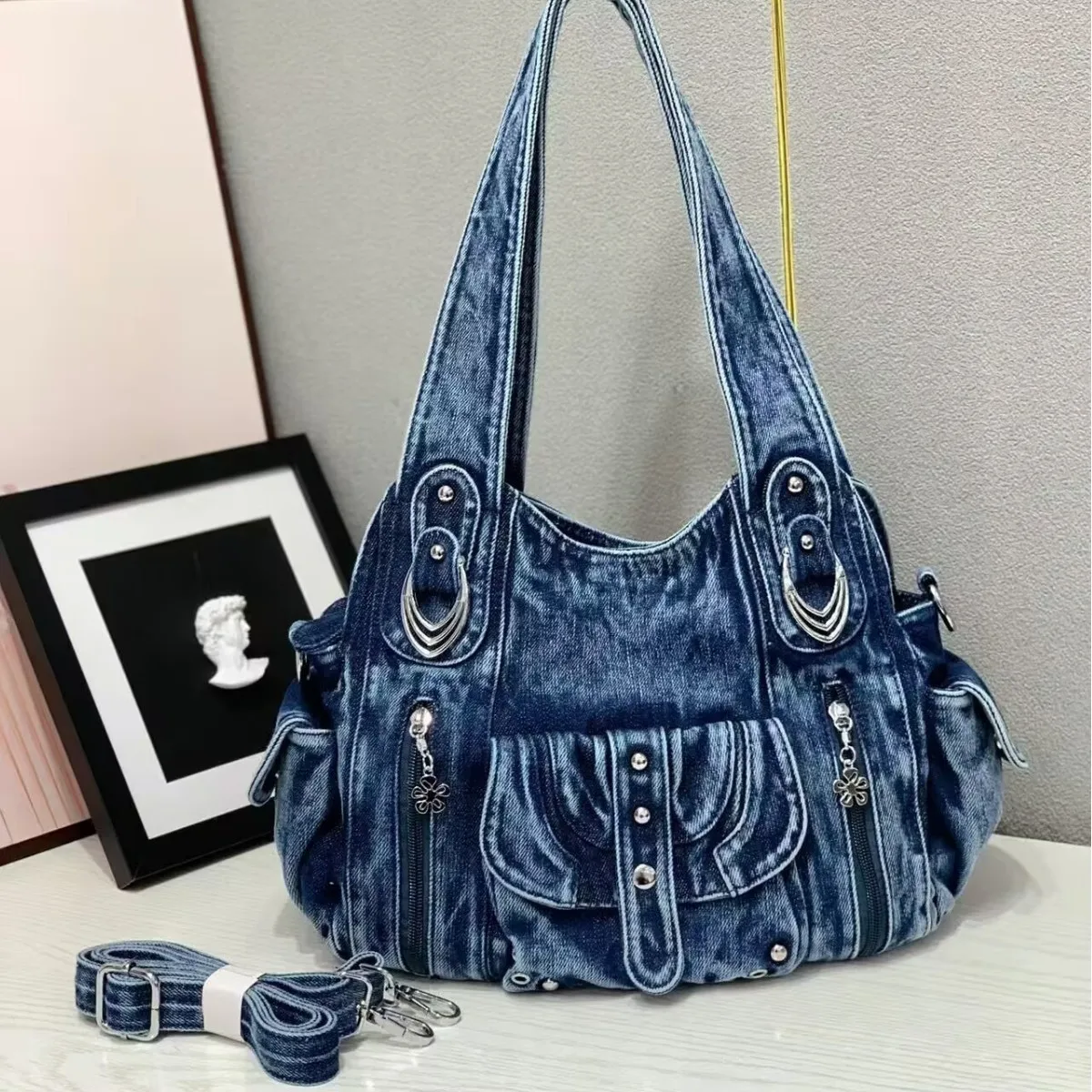 

Женская сумка, модная джинсовая сумка на плечо, повседневная черная сумка-хобо, сумка-портфель, большой карман для мобильного телефона, кошелек
