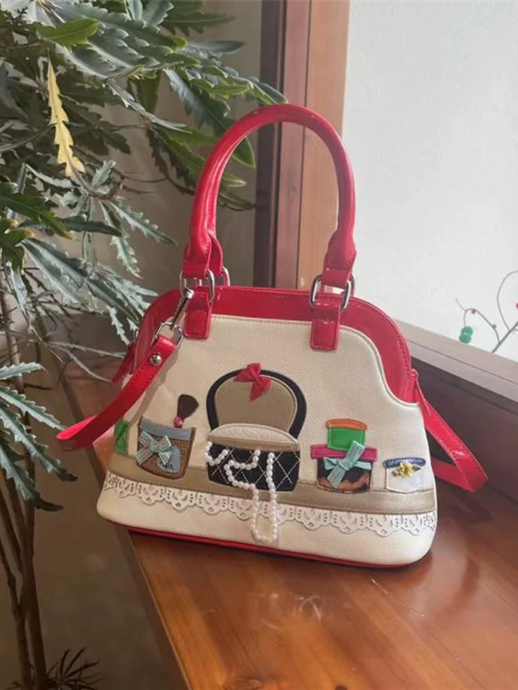 Sweet Women Summer borsa a conchiglia con pannelli ricamo perline Kawaii Pattern Pu Leather Totes borsa a tracolla con tracolla