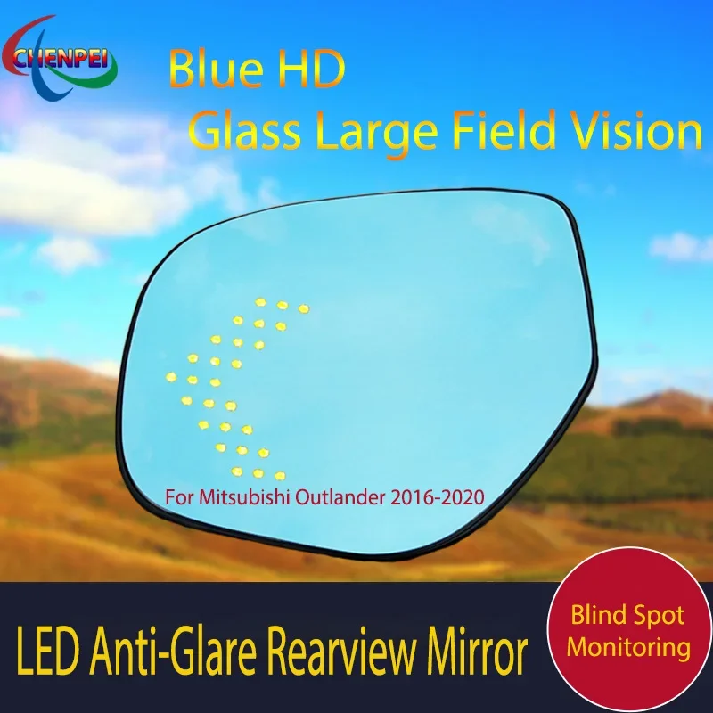 

Large View Blue Mirror Anti-Glare Electrically Heated Rearview Mirror With LED Turn Indicator For Mitsubishi Outlander 2016-2020