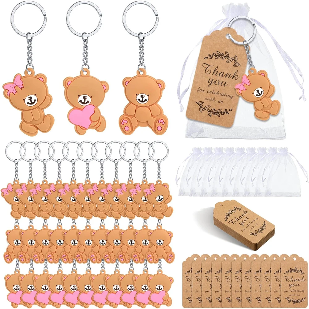 12 sets baby bear shower gifts party gifts keychains with hard mesh bags thank you tags girl boy birthday party supplies