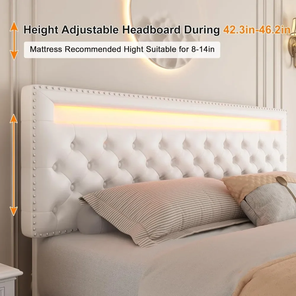 Bed Frame with 4 Storage Drawers, with Smart Control RGBW LED Lights Headboard Footboard, Control DIY Color,Box Spring Optional