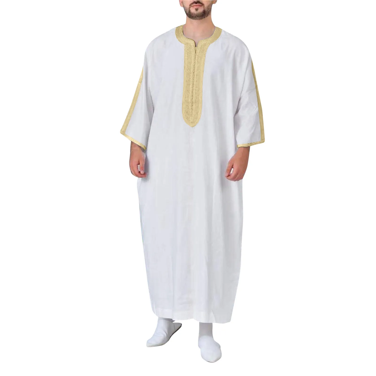 Robe musulmane brodée dorée à manches mi-longues pour hommes, robe traditionnelle rétro, col en V, costume national arabe, été, nouvel Aïd, 2024