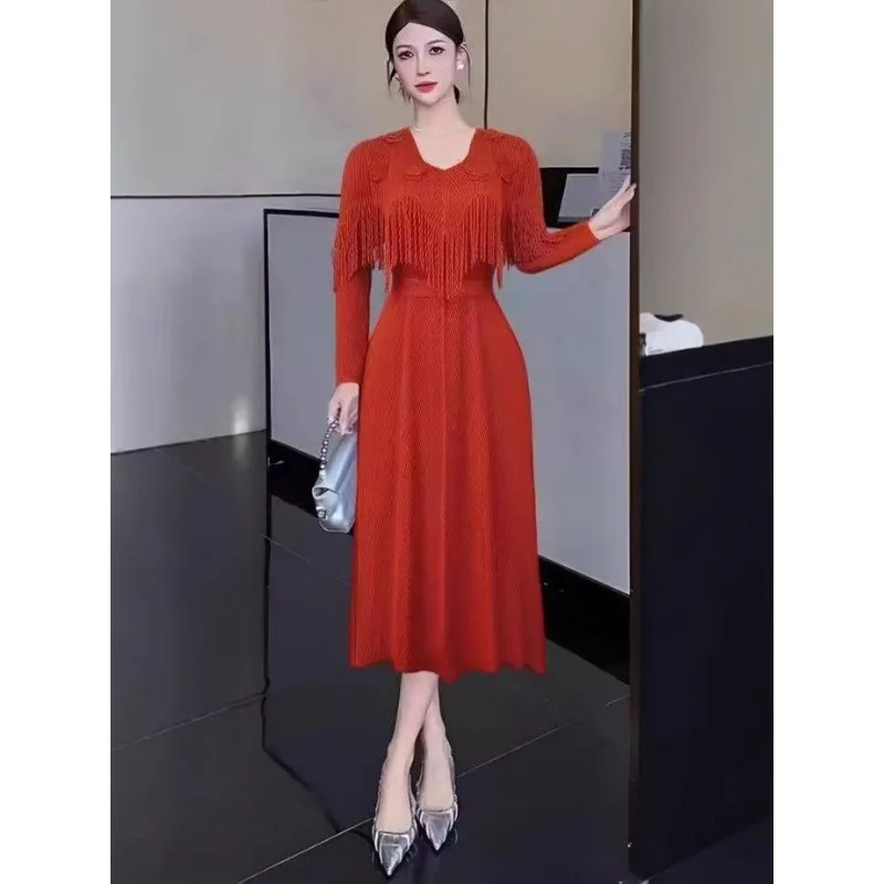 مطوي تمتد حجم كبير فستان مياكي الخريف موضة شرابة الأزهار فضفاضة المرأة فساتين طويلة مساء ملابس مكتب الحفلات أوروبا