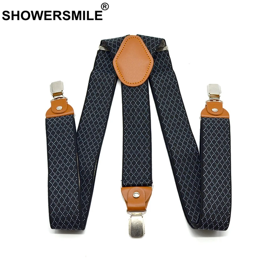 SHOWERSMILE Suspender kotak-kotak pria, kawat gigi Y bisnis tali Suspender lebar 3.5cm 3 celana panjang sabuk Suspender hitam