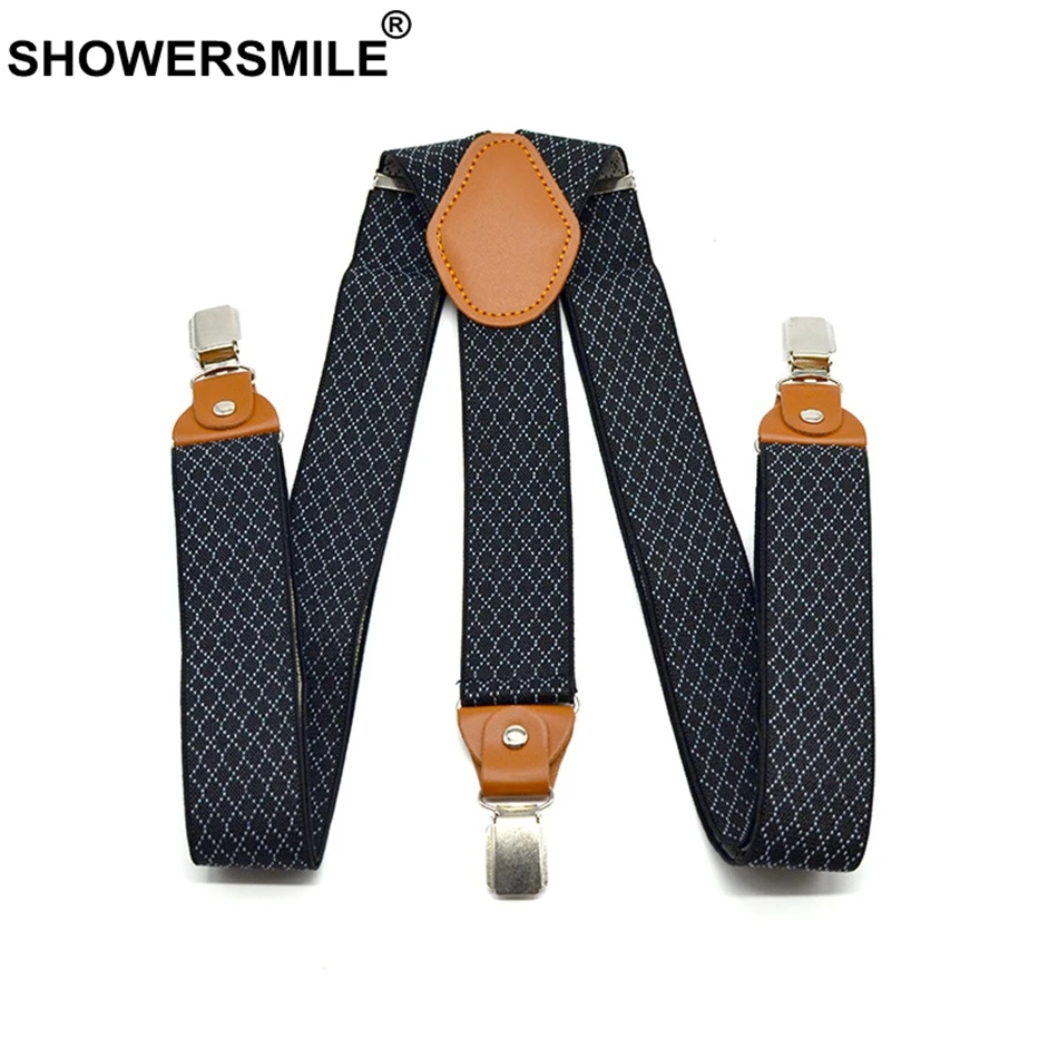 SHOWERSMILE Plaid Suspenders Men Business Y Back Braces Straps 3.5cm Wide Suspenders Clips 3 Mens Trouser Belt Black Suspender