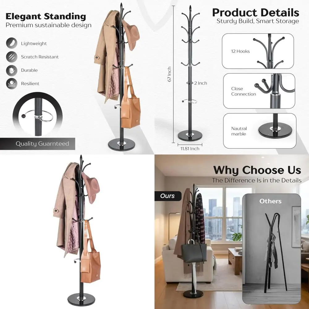 

Stylish Freestanding Metal Coat Rack with 12 Hooks and Umbrella Stand on Durable Marble Base for Home and Office