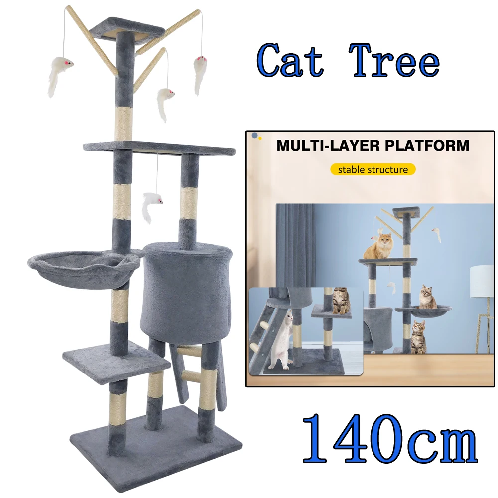 Katzenspielzentrum Haustier-Spielzeug Kratzbaum 140cm Katzenmöbel Kletterturm Katzenbaum mit Kratzpfosten, Stabile Struktur