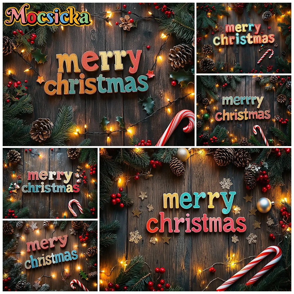 

Mocsicka Merry Christmas Wooden Board Wall Photography Backdrop Lights Pine Cone Newborn Portrait Party Decors Photo Backgrounds