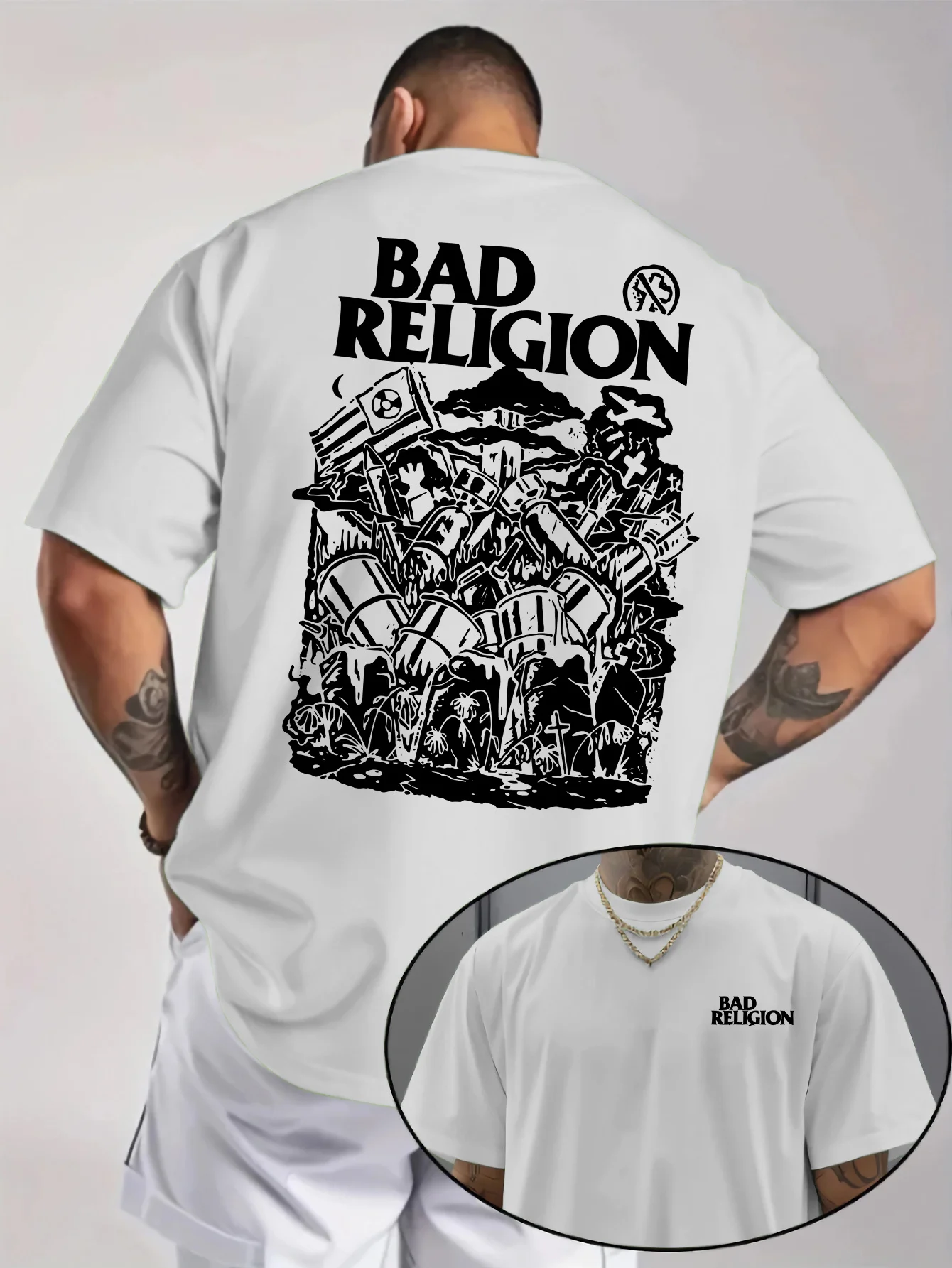 Camiseta Masculina com Estampa Punk Rock - Estampa BAD RELIGION nas Costas, Presente para Homens