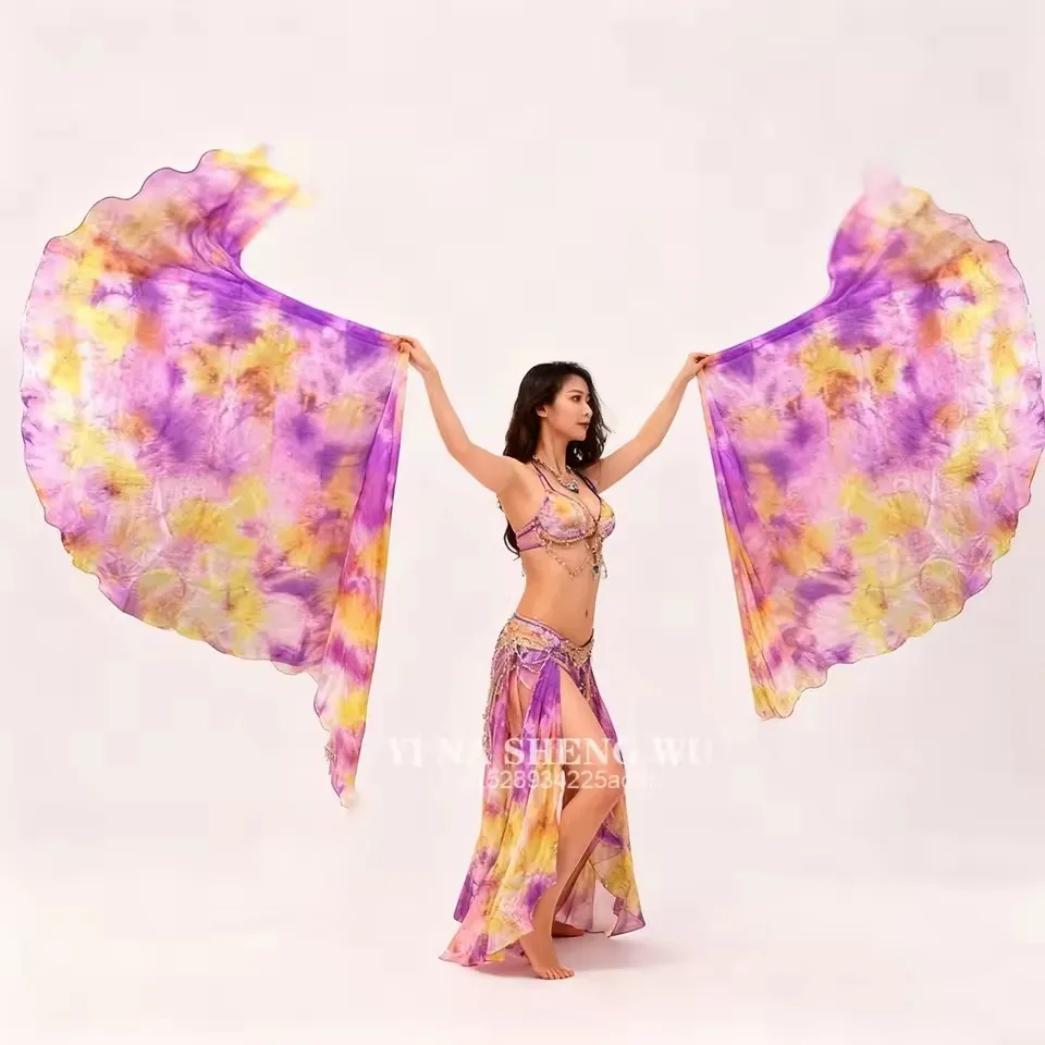 100% seda real 1 par de acessórios de dança do ventre lance seda semicírculo véu xale feminino tingido prática desempenho adereços bandeira da igreja