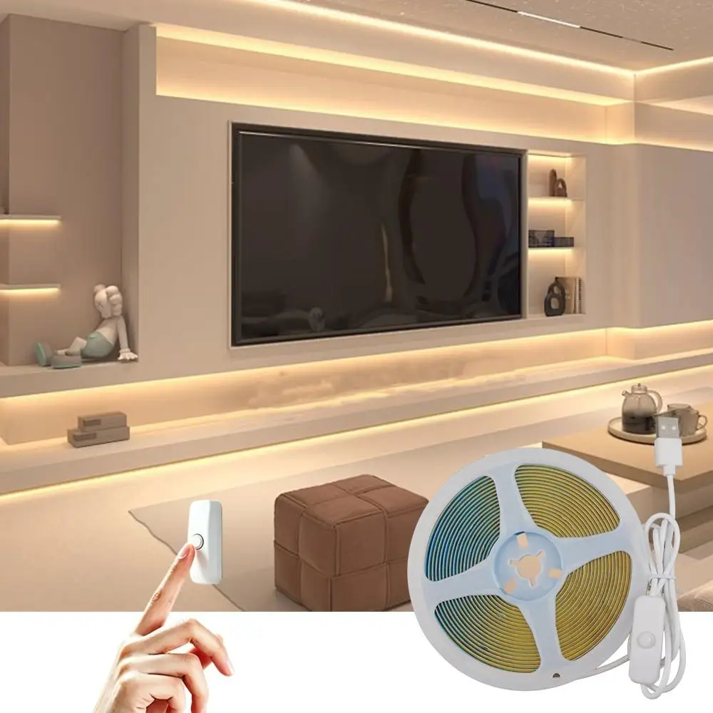 LED COB light strip, USB powered, adhesive backing for flexible cutting, white/warm light. Suitable for home and TV backlighting