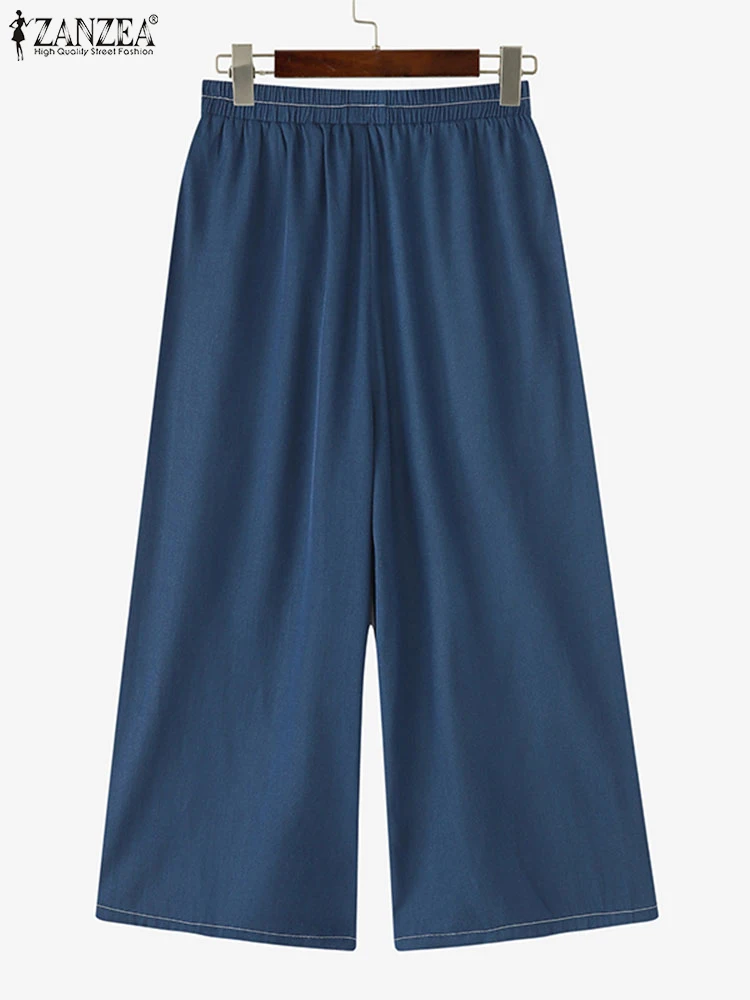 ZANZEA, pantalones vaqueros de pierna ancha para mujer, pantalones holgados informales con cordones, pantalones de verano con bolsillos, pantalones de cintura liso elástico 2025, S-3XL