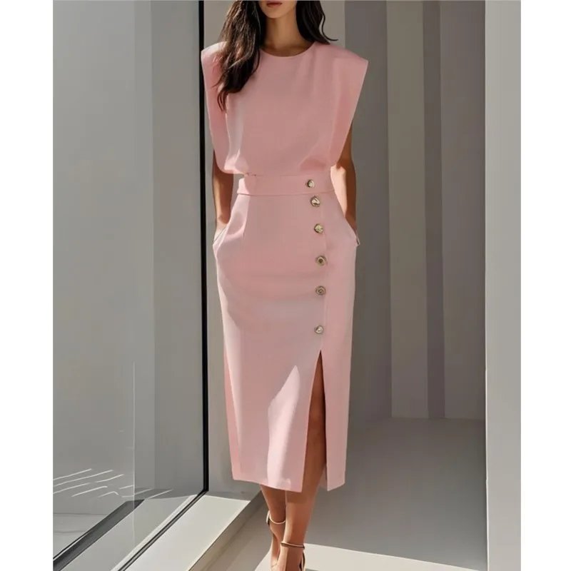 Temperament Ladies Elegant Dress 2025 Summer O-neck Sleeveless Buttons Splic High Split Long Dresses Women New Office Clothes