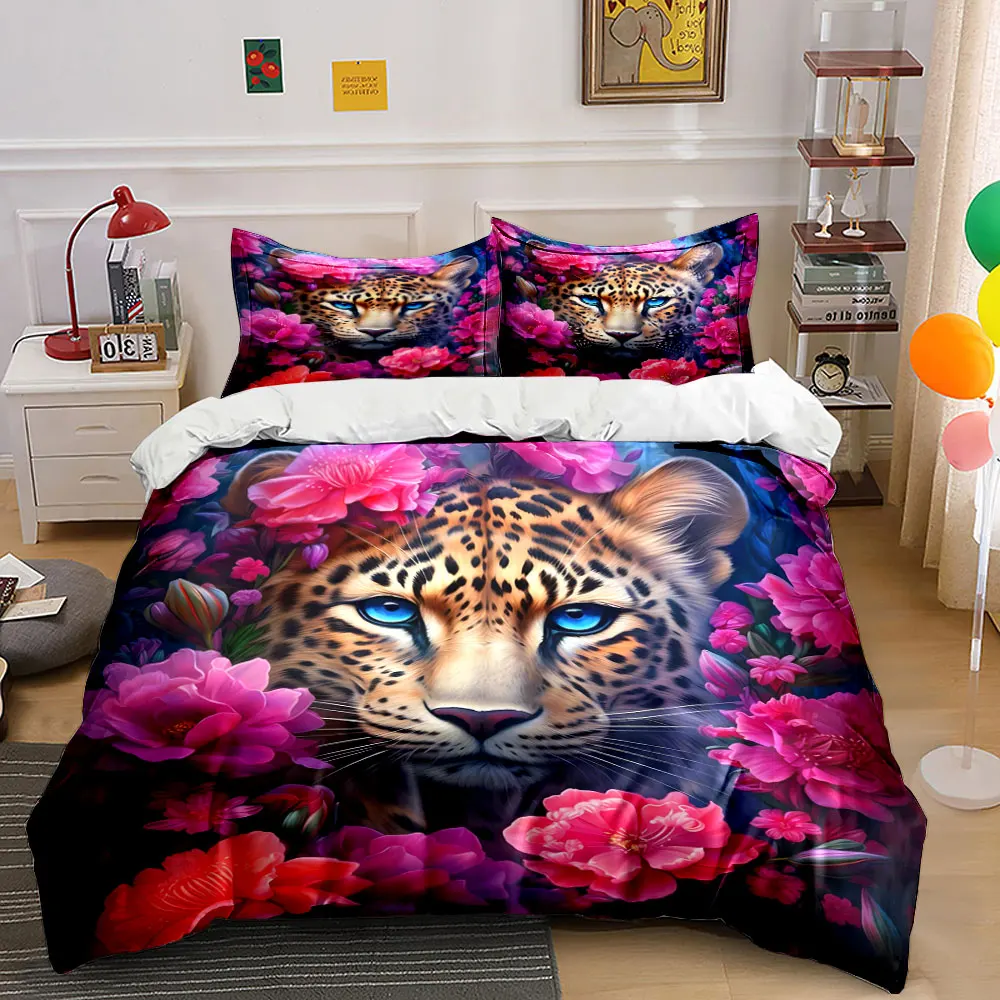 Leopard with vibrant blossoms Print Bedding Set 1 Duvet Cover 2 Pillowcases for Adult and Children Luxury Gift Full Size