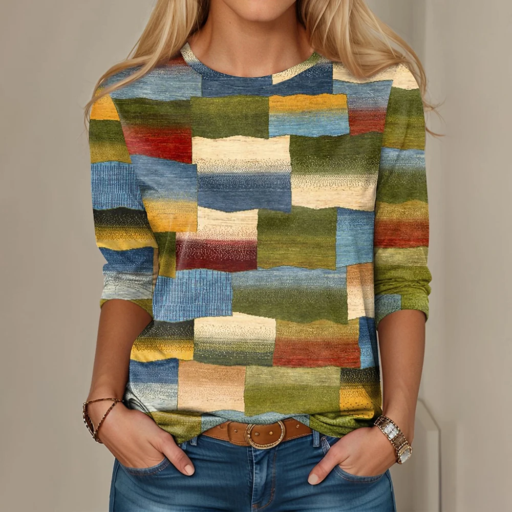 

Vintage Long Sleeves T-shirts Colored Plaid Women's T-shirts Autumn Casual Loose Pullover O-neck Women's Clothing Streetwear