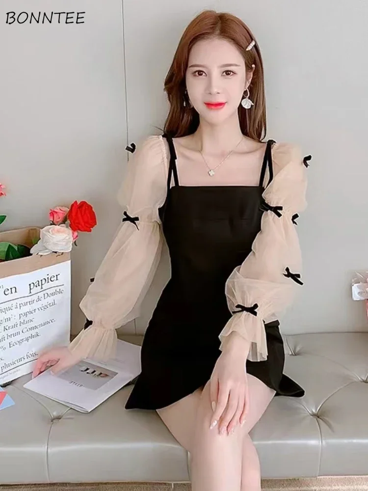 Flare Sleeve Evening Dress for Women Black Elegant Bow Mesh Patchwork Luxury Temperament Famous Lady Aesthetic Платье Женское