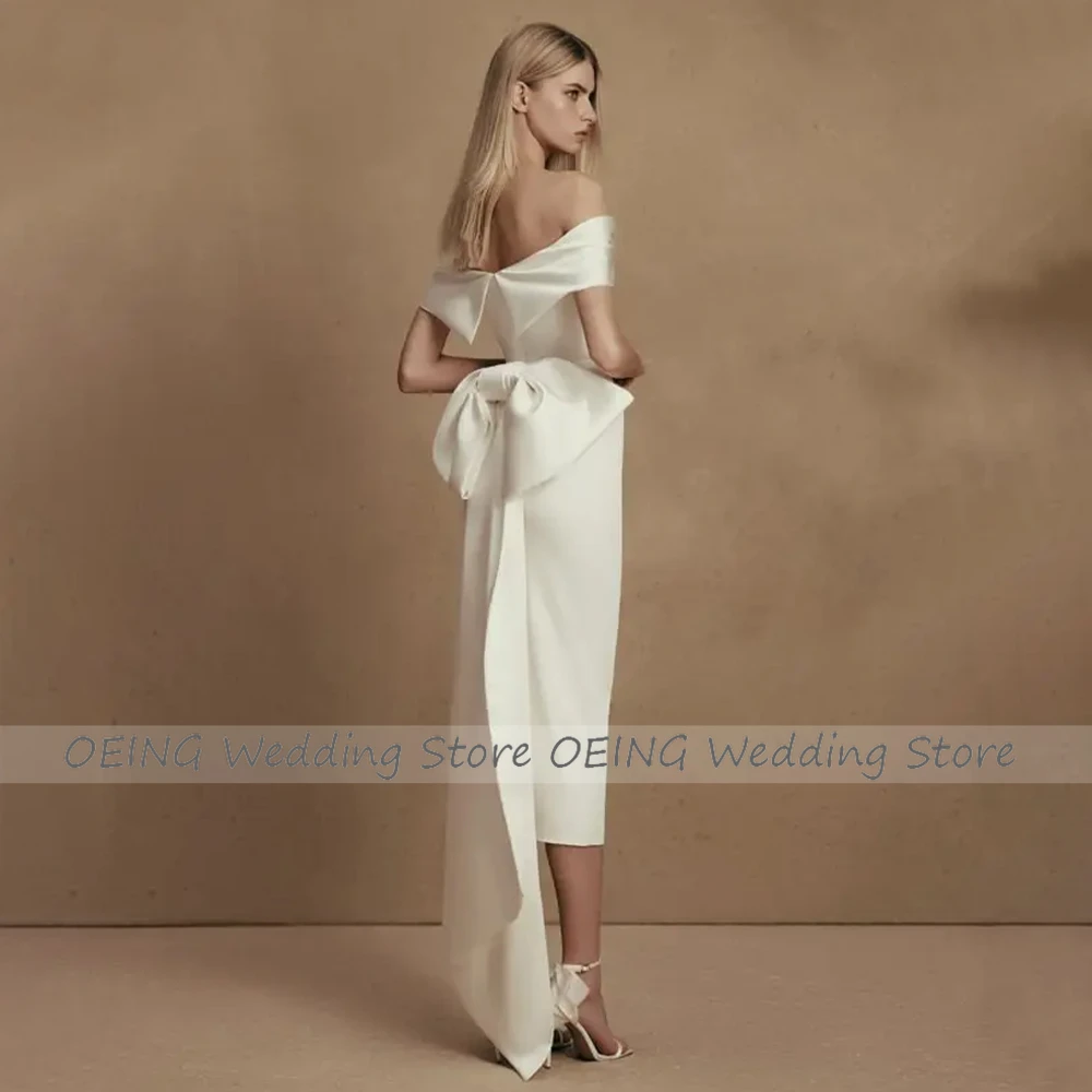 Midi Wedding Dress Simple Off the Shoulder Sheath/Column Wedding Gowns for Women 2023 Bride Detachable Big Bow Civil Bridal Gown