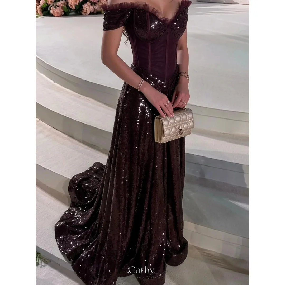 Cathy Customized Dark Purple Sequinned Appliques Prom Dress Sweep Train vestidos de noche Sweetheart Neck Evening Dresses 2026