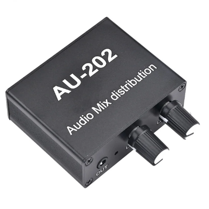 AU-202 2 Input 2 Output Stereo Mixer Audio Distributor for Headphone External Power AMP Volume Alone Control