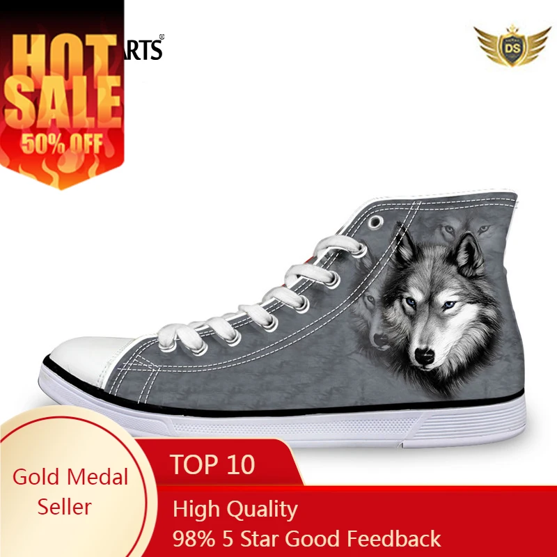 Animal High Top Canvas Shoes Classic Men's Lace Up Vulcanize Shoes For Student Cool 3D Wolf Flat Men EUR Size 37-45