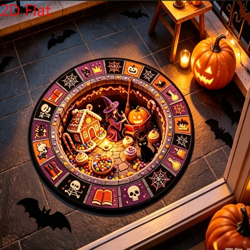 3D Illusion Halloween Round Carpet Flat Printed Cute Witch Large Area Rug Cartoon Pumpkin Black Cat Parlor Bedroom Floor Mat