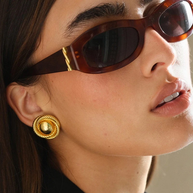 Creative Gold Plated Stainless Steel Round Geometric Earrings for Women Statement Geometric Studs Fashion Jewelry Waterproof