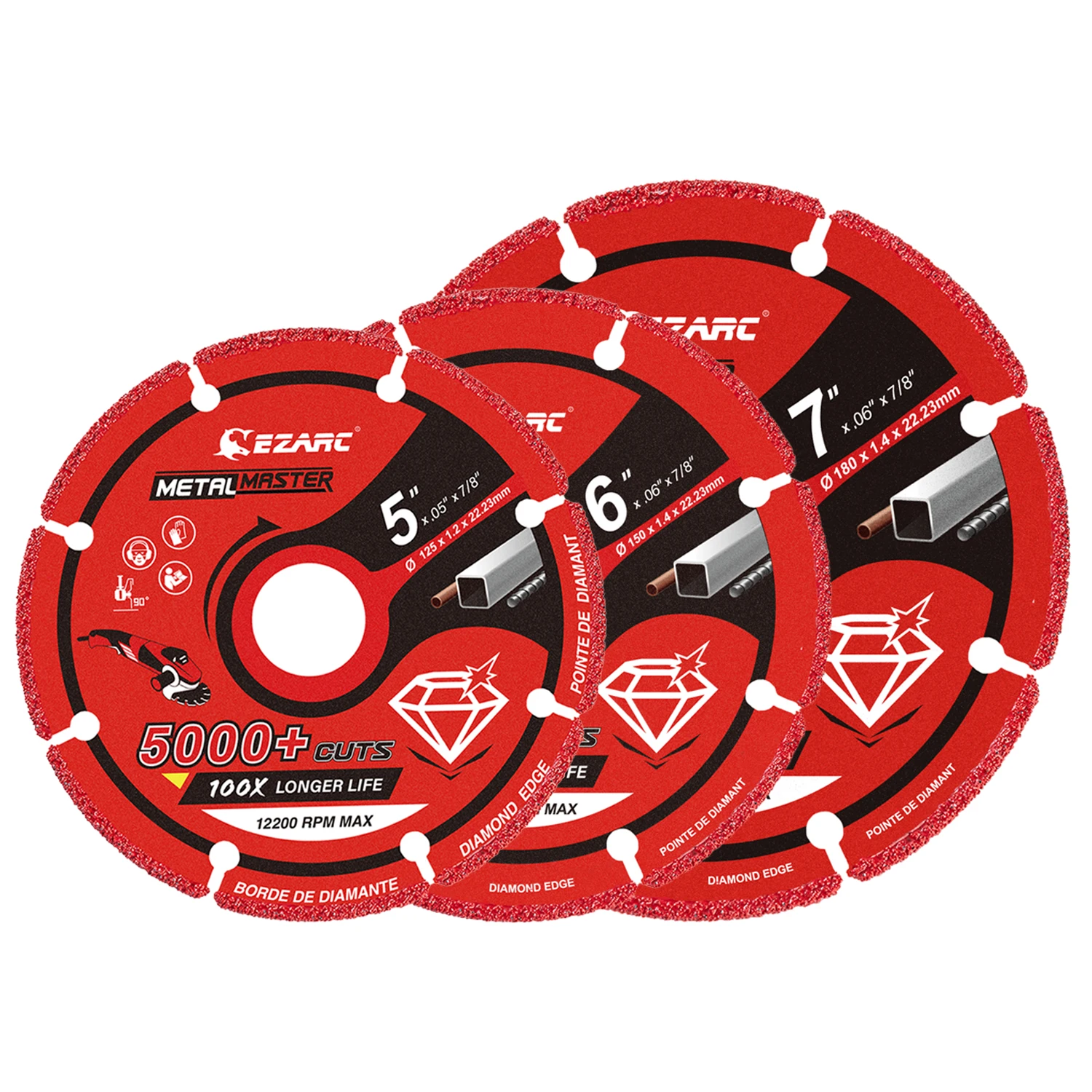 EZARC Diamond Cutting Wheel 5'' 125mm / 6'' 150mm / 7'' 180mm for Metal Cut Off Wheel with 5000+ Cuts on Rebar Steel Iron INOX