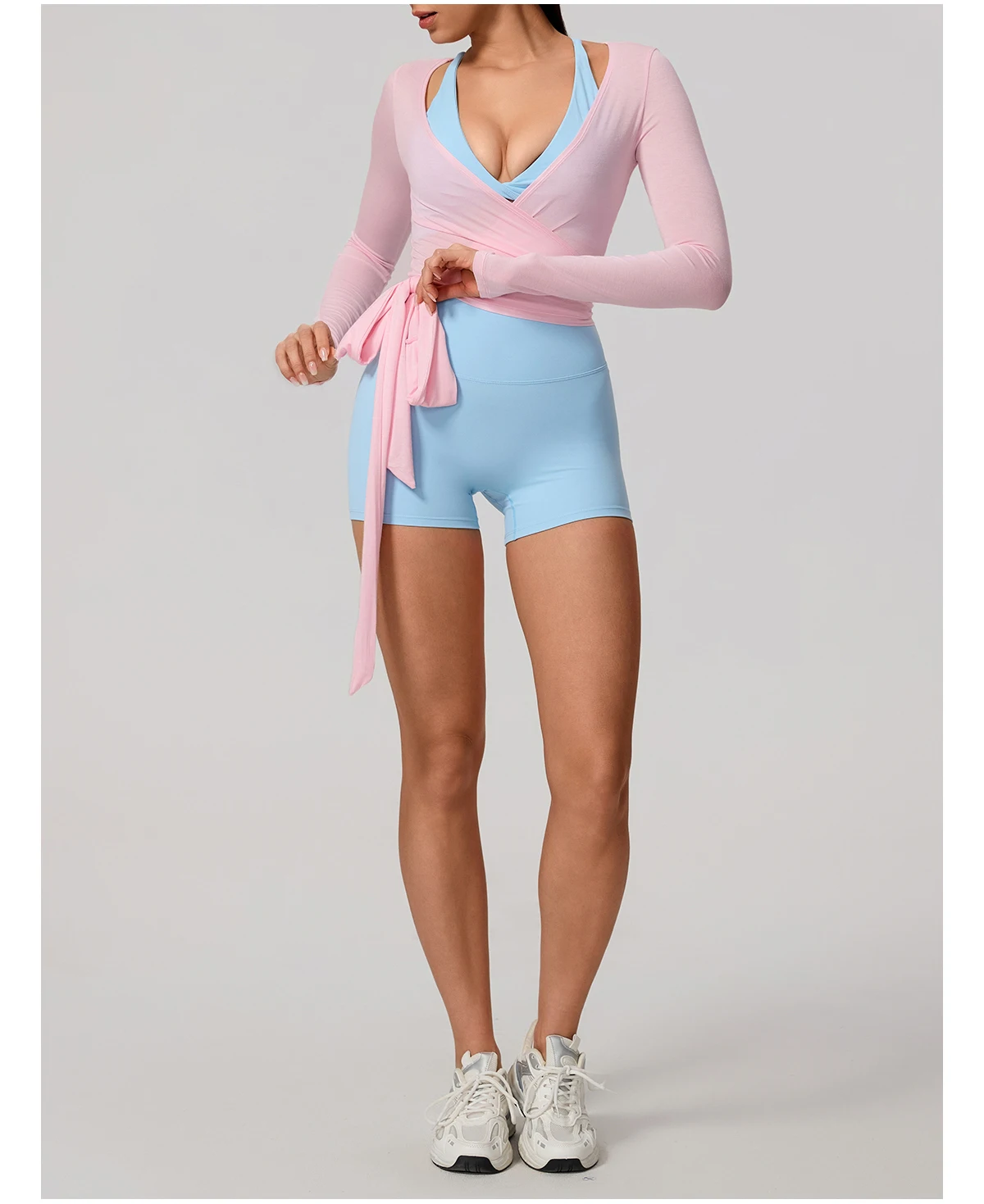 Neues Sommer-Damen-Yoga-Langarm-Einteiler-Oberteil mit Trägern – Premium-Ballett-Wrap-Top für Damen – Sport-Top für das Training – Detail 23