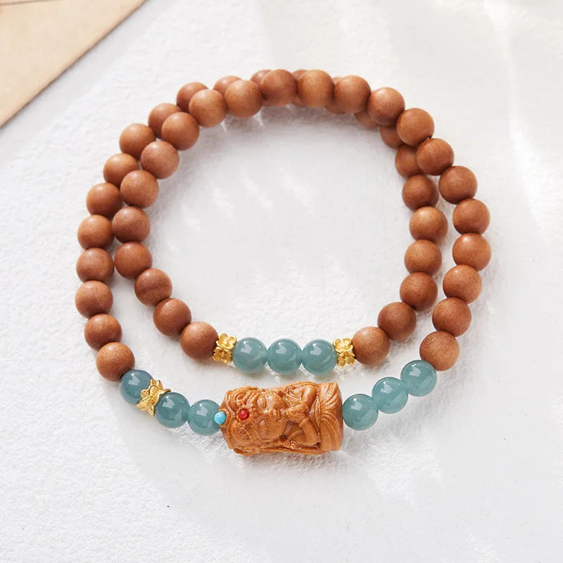 Natural Blue Water Jade Bead Bracelet Female Zakiram Sandalwood Double Layer Bracelet Elegant Retro Buddhist Jewelry Wholesale