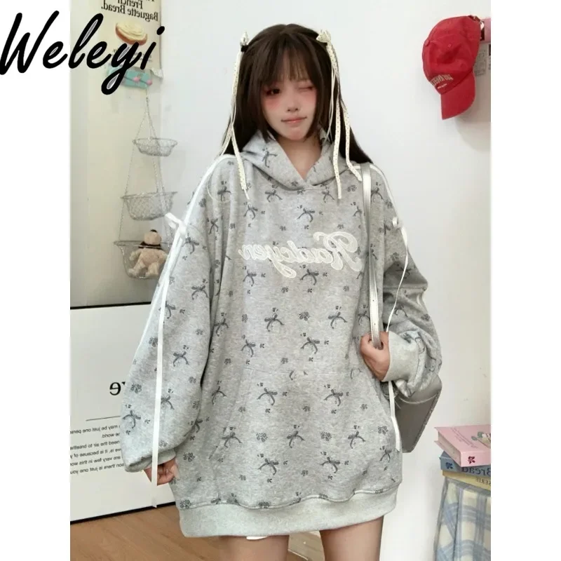 Cute Loose Full Printed Bow Hooded Hoodie Student Woman Japanese Style Sweet Women's Long Sleeve Mid-length Sweatshirts Feminino