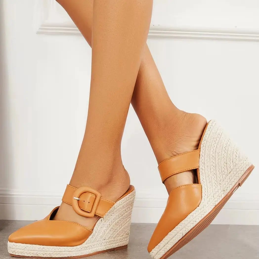 LIHUAMAO 2025 nuevo diseño cuñas mulas alpargatas zapatos sandalias mujer plataforma zapato de tacón alto sin espalda sandalias de punta estrecha