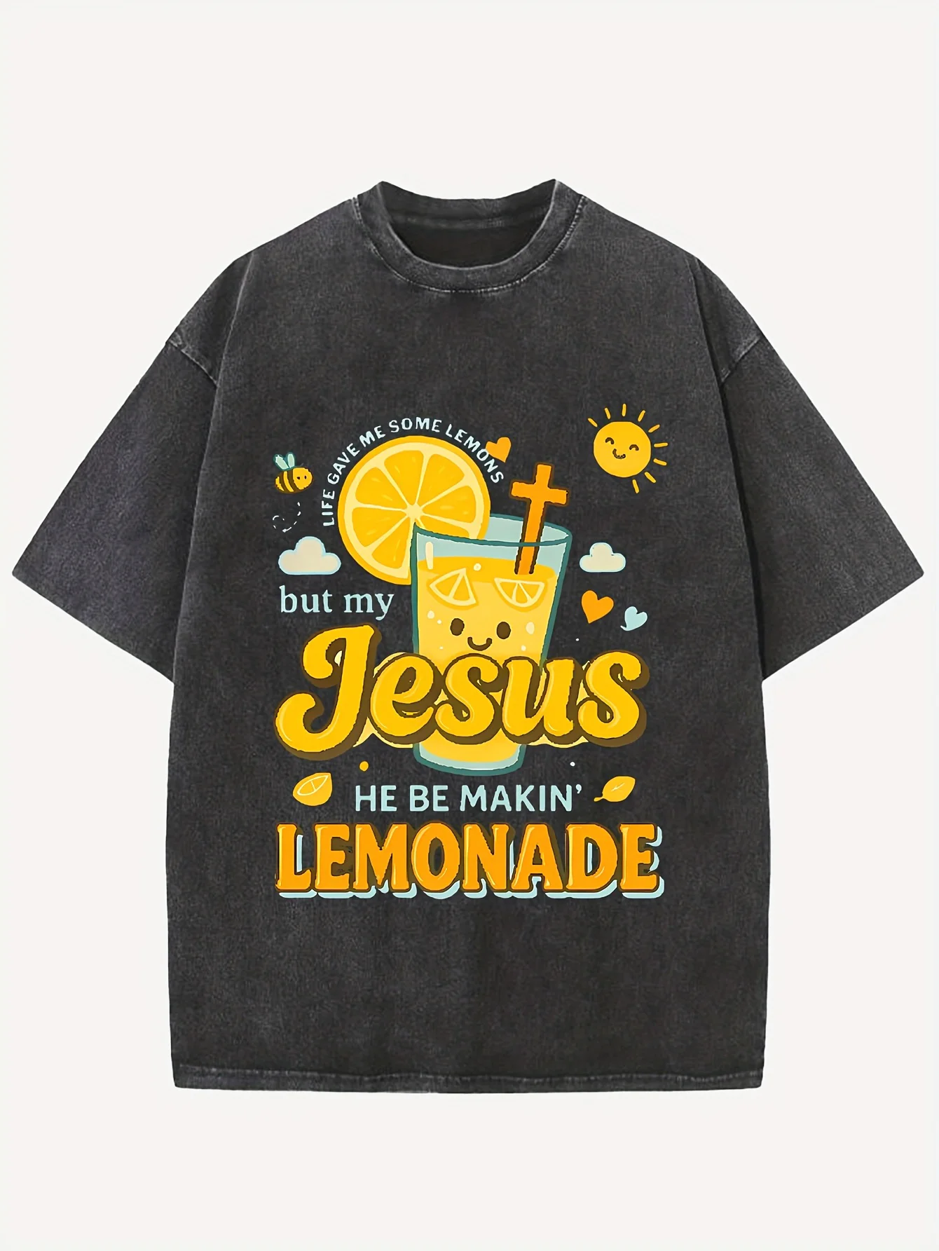 Multicolor Men's Y2K Retro Washed Print T-Shirt - Short-Sleeved Lemon Soda Style, Suitable for All Seasons, Street Style and Versatile