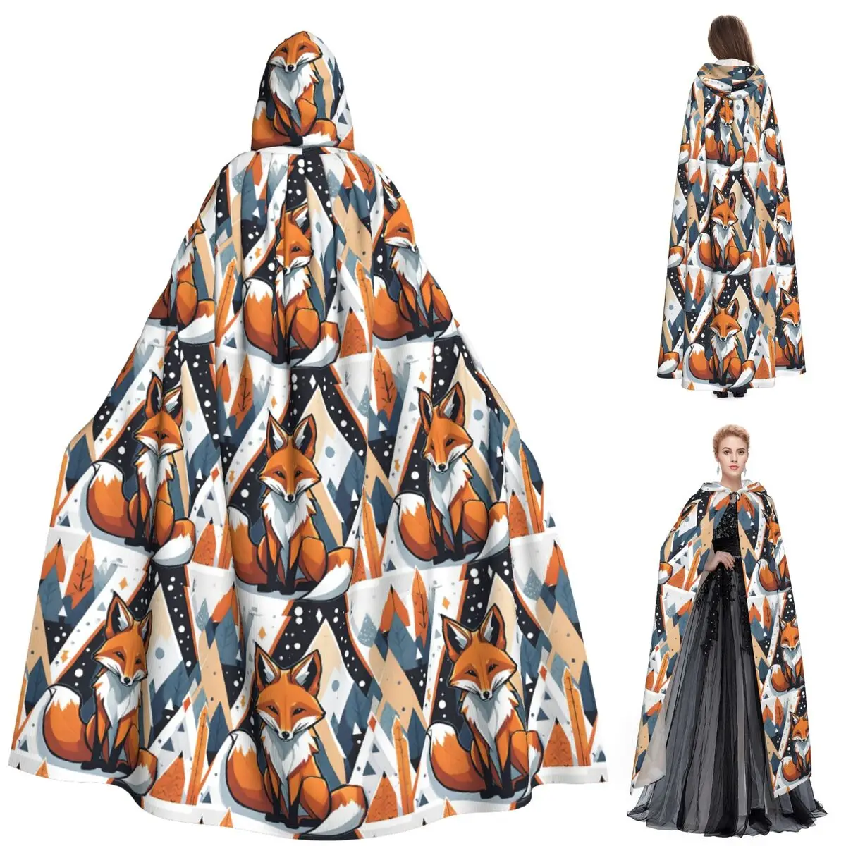 

Smiling Geometric Fox Long Hooded Cloak Witch Medieval Costume Cosplay Cape HalloweenCoat Adult Unisex