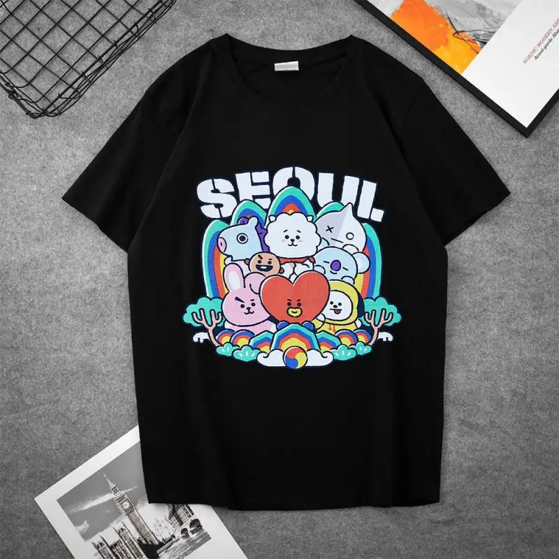 Anime Cartoon Bt21 Cooky Tata Chimmy Shooky Short-Sleeved Y2K Summer New T-Shirt Simple Loose Top Couple Wear Gift for Friends