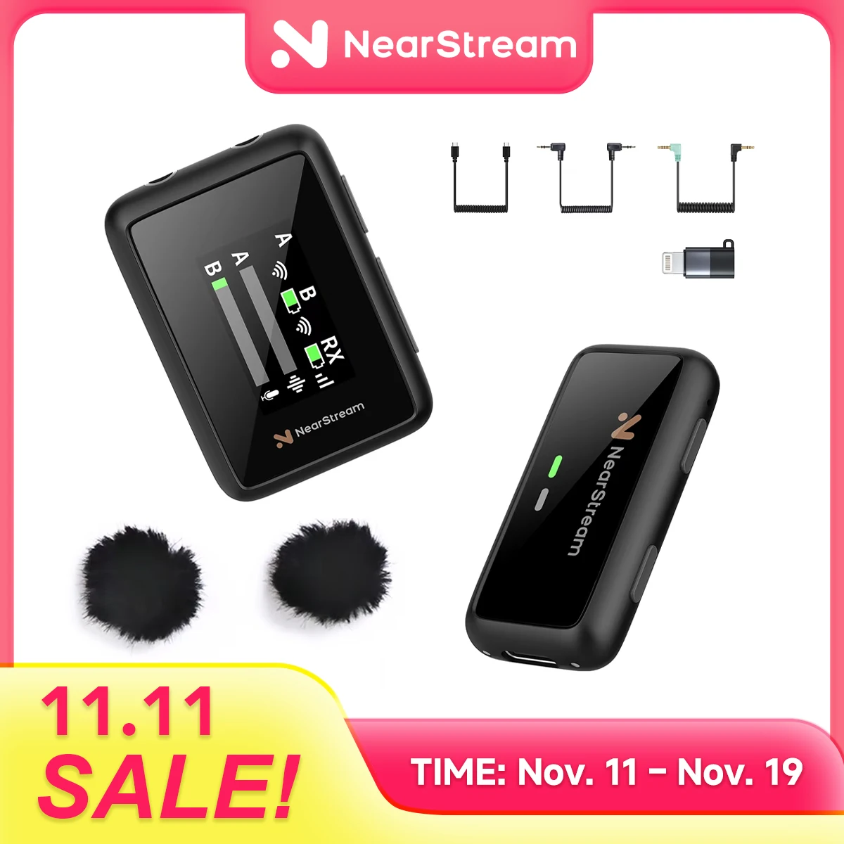NearStream Lavalier Wireless Microphone AI-Noise-Canceling 656ft 200m Transmission Real-Time Plug-and-Play for PC iPhone Android