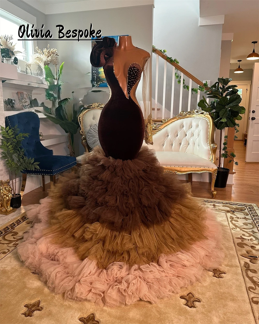Verleidelijke bruine zeemeermin galajurken Luxe 2025, gelaagde tule, ruches, trein, kristallen verjaardagsavondjurken, zwarte meisjes op maat