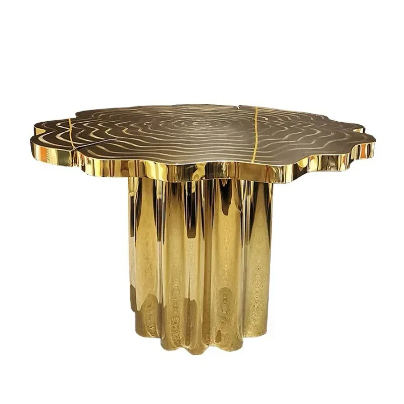 Italian minimalist light luxury, stainless steel etched petal-shaped dining table, villa hotel model room restaurant